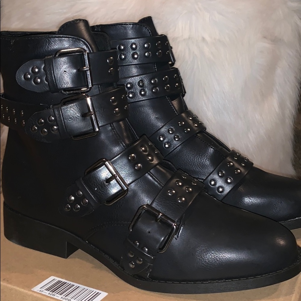 studded buckle strap combat boots